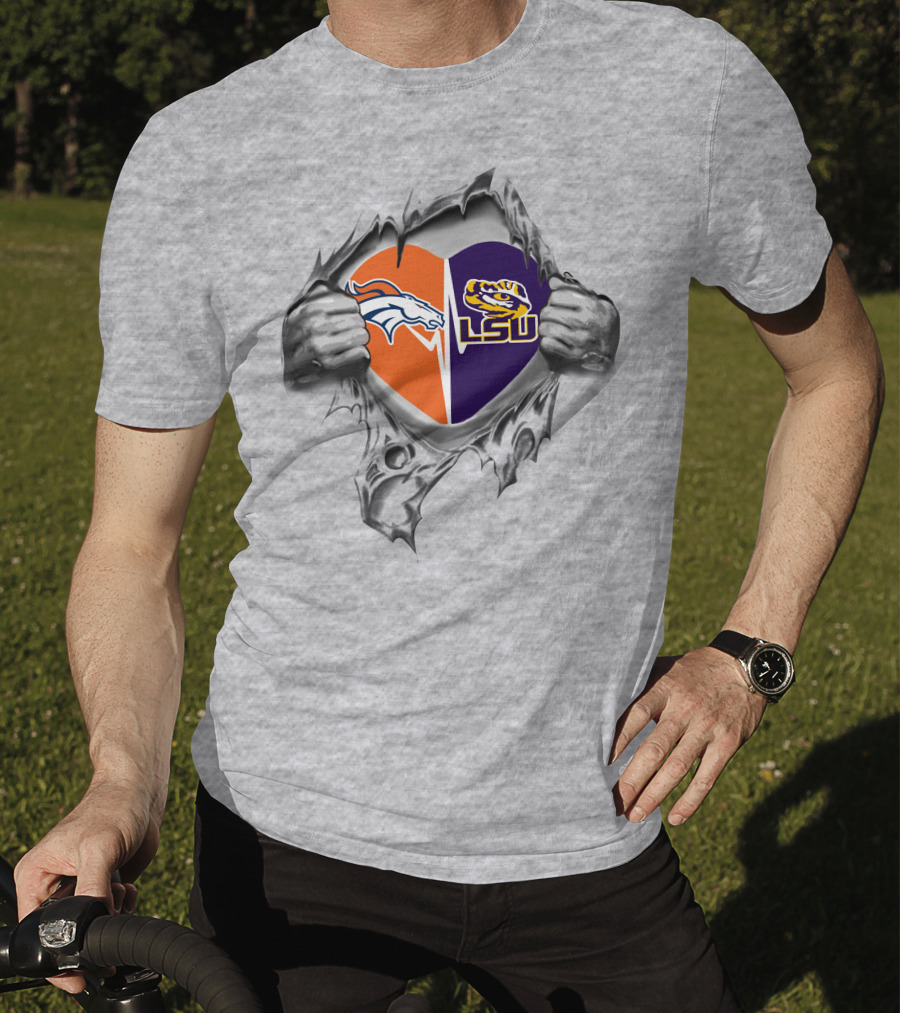 Broncos Lsu Tigers Heart Design With Ripped T-Shirt