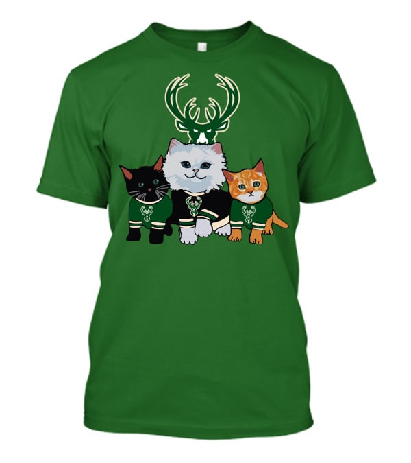 Milwaukee Bucks Cats Trio With Team Logos And Deer Antlers T-Shirt