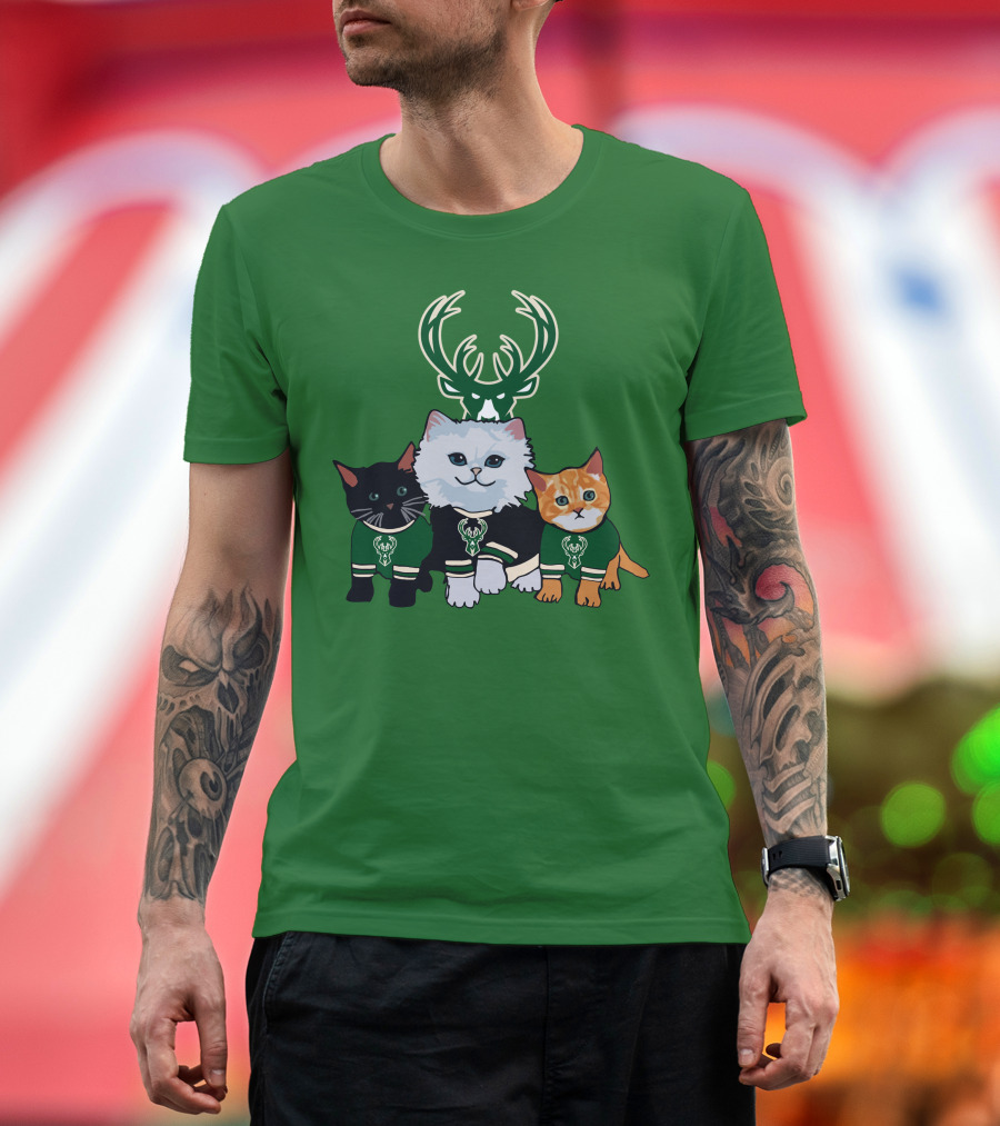 Milwaukee Bucks Cats Trio With Team Logos And Deer Antlers T-Shirt