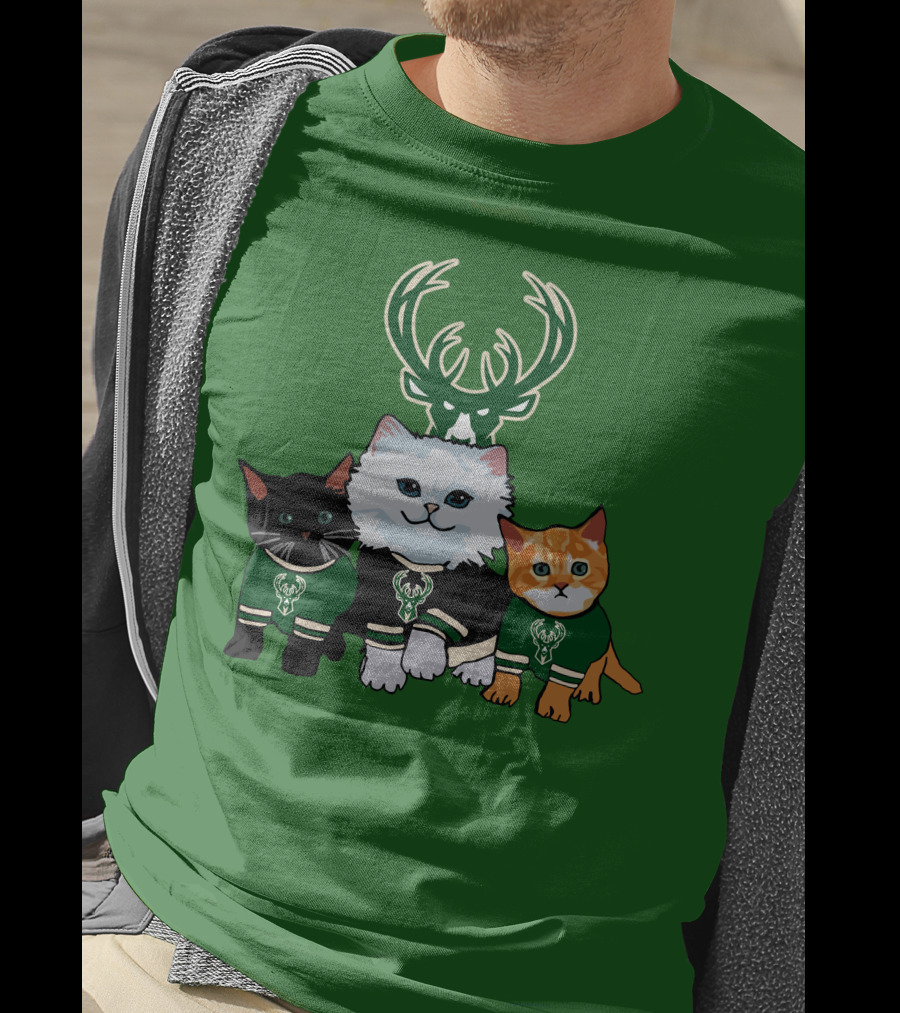 Milwaukee Bucks Cats Trio With Team Logos And Deer Antlers T-Shirt