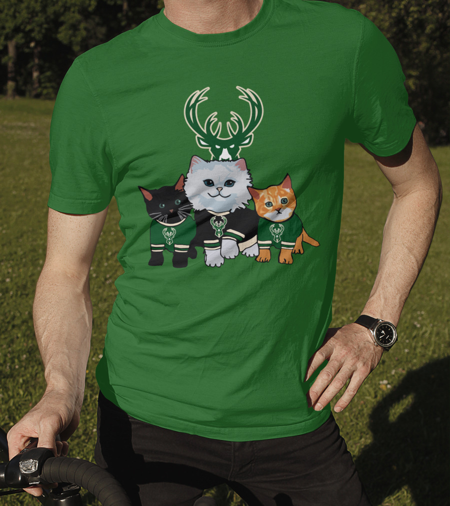 Milwaukee Bucks Cats Trio With Team Logos And Deer Antlers T-Shirt