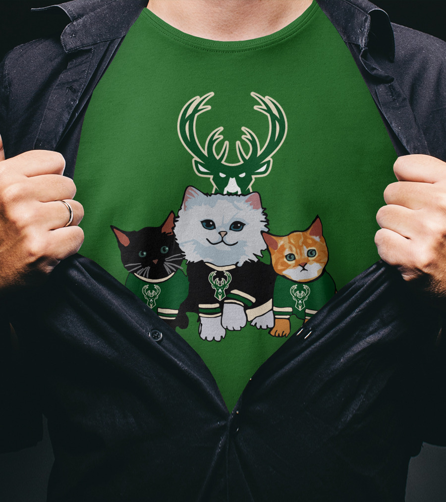 Milwaukee Bucks Cats Trio With Team Logos And Deer Antlers T-Shirt