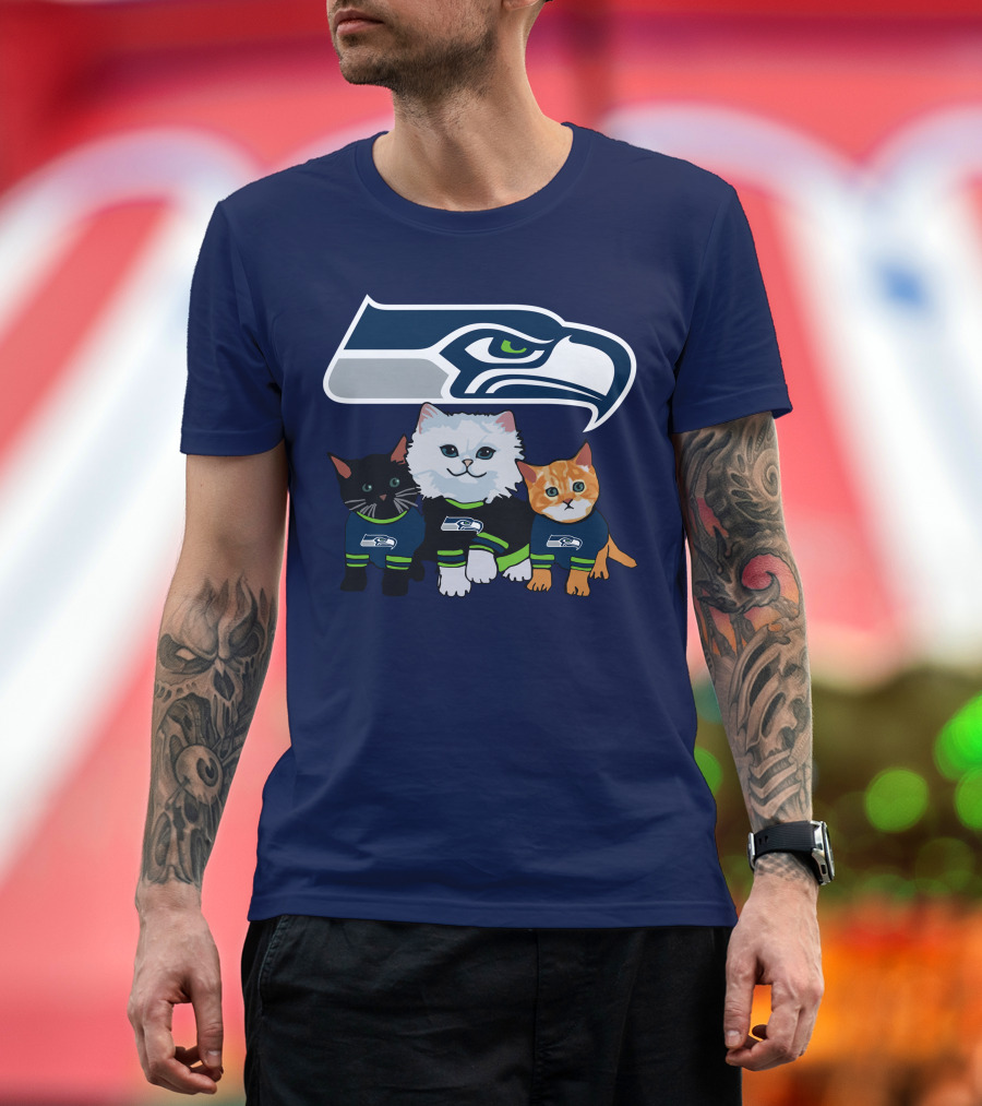 Seattle Seahawks Logo With Cats In Team Jerseys T-Shirt