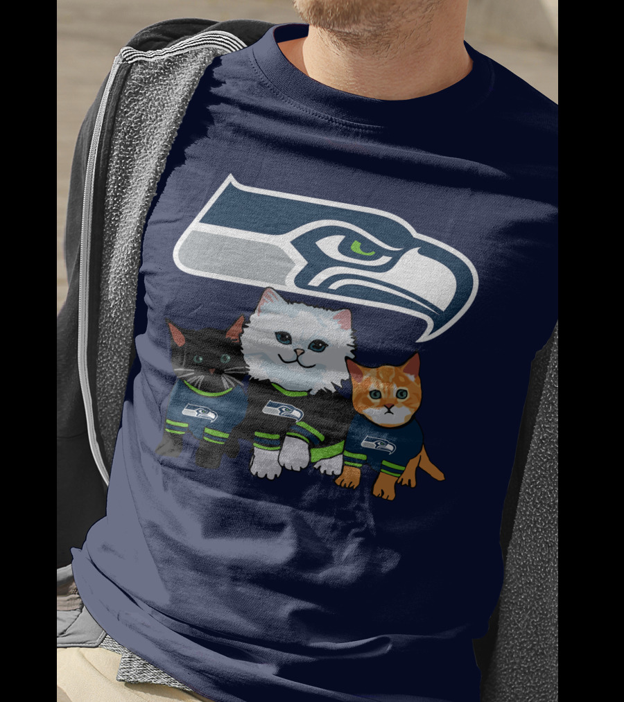 Seattle Seahawks Logo With Cats In Team Jerseys T-Shirt