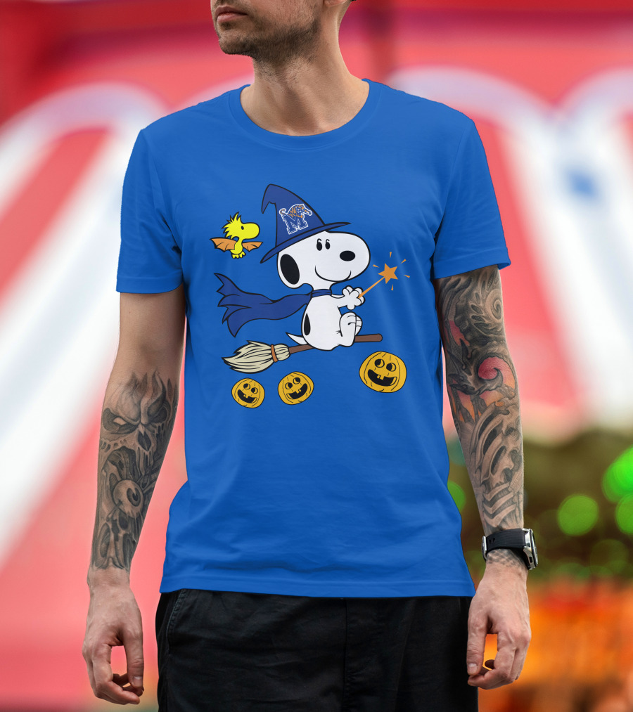 Snoopy and Woodstock Flying Witch with Memphis Tigers Hat and Happy Halloween Pumpkins T-Shirt