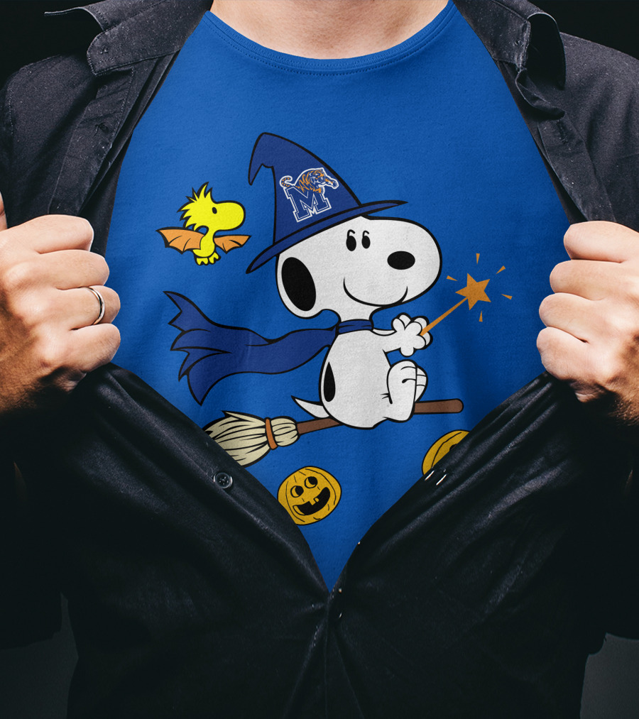 Snoopy And Woodstock Flying Witch With Memphis Tigers Hat And Happy Halloween Pumpkins T-Shirt