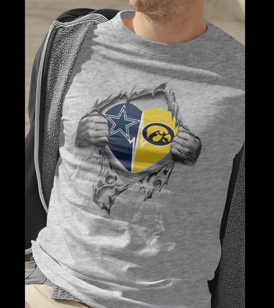 Cowboys And Iowa Hawkeyes Passion Torn Heart With Logos T-Shirt