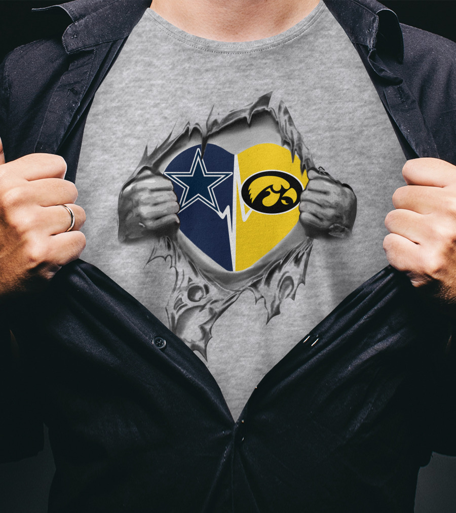 Cowboys And Iowa Hawkeyes Passion Torn Heart With Logos T-Shirt