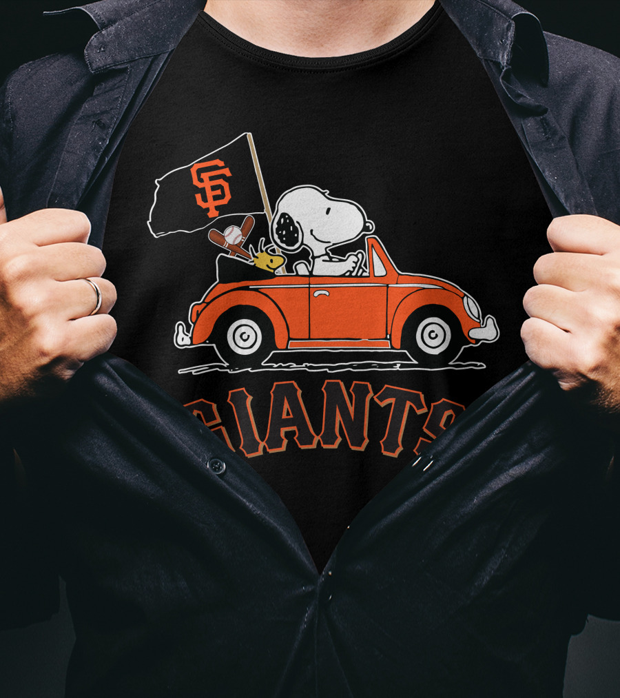 San Francisco Giants Snoopy Riding Forever With Woodstock In Orange Car T-Shirt