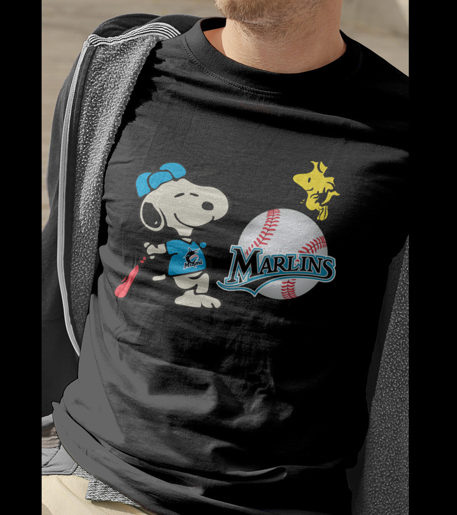 Miami Marlins Snoopy Baseball Woodstock Cartoon T-Shirt