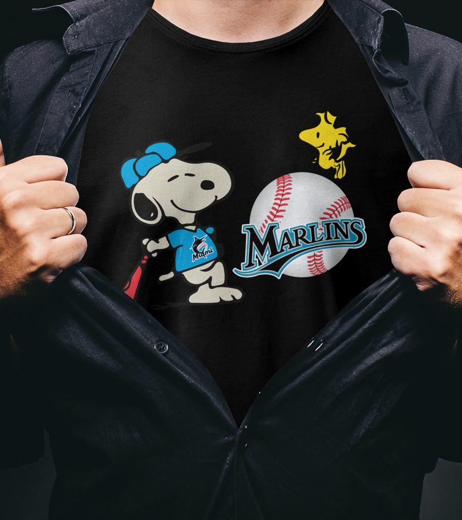 Miami Marlins Snoopy Baseball Woodstock Cartoon T-Shirt