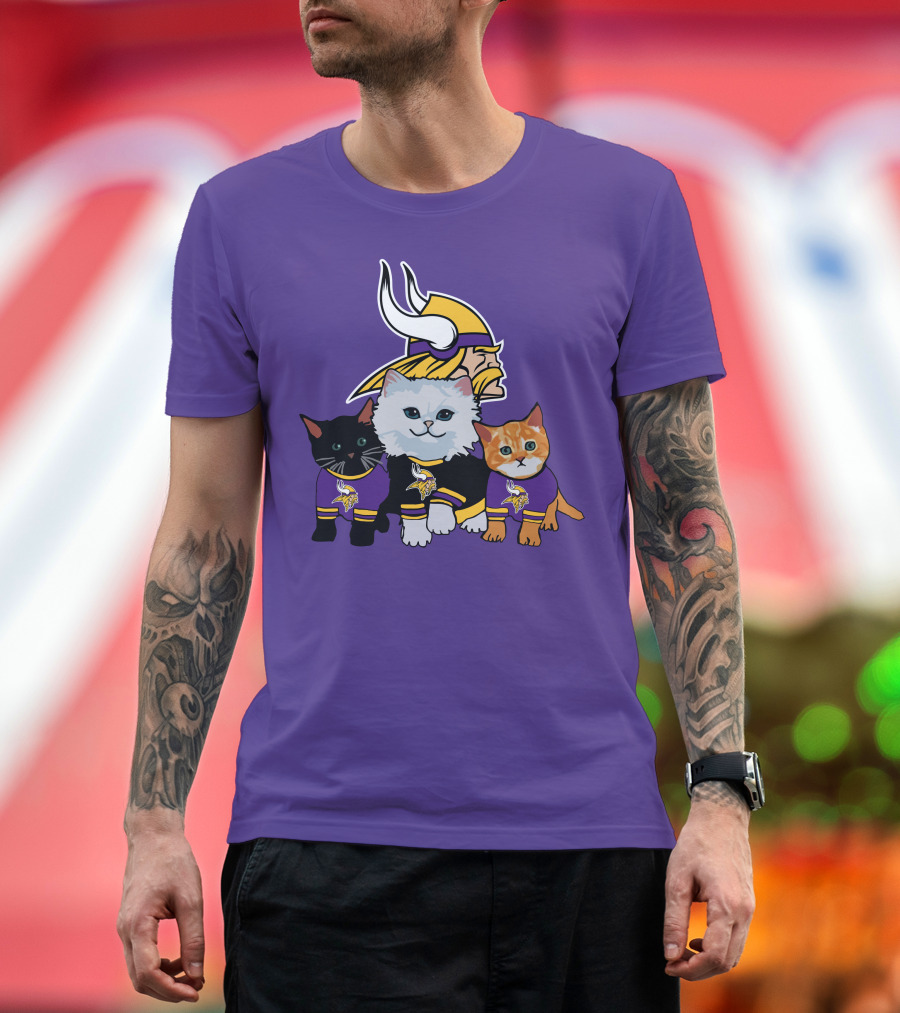 Minnesota Vikings Cats Wearing Team Jerseys with Viking Head T-Shirt