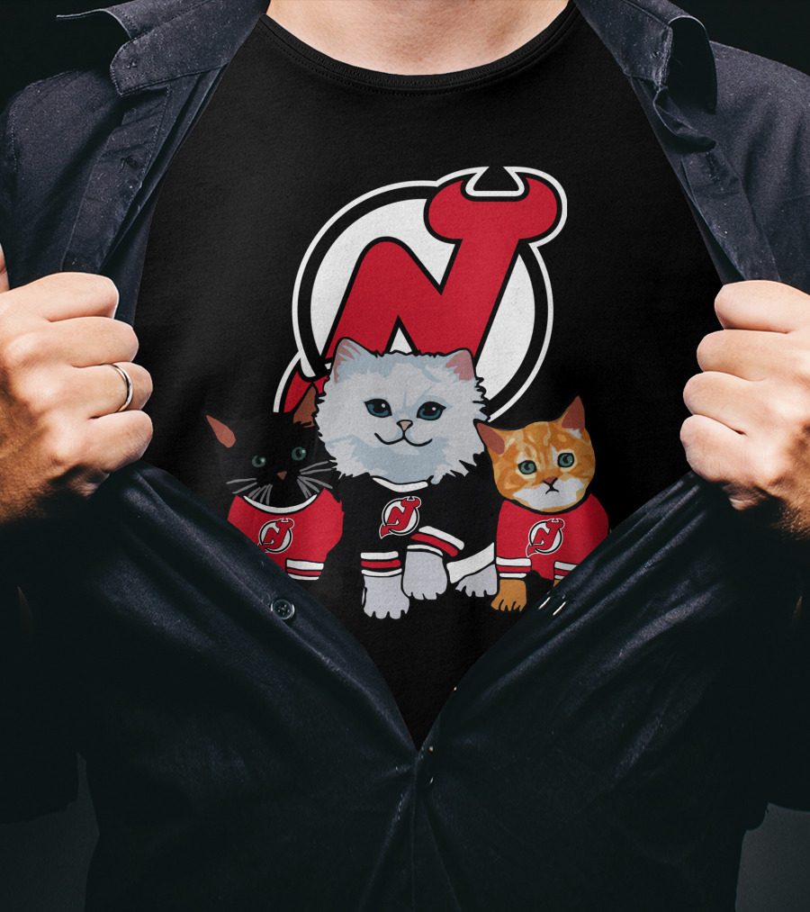 New Jersey Devils Cute Cats In Red Jerseys With Team T-Shirt