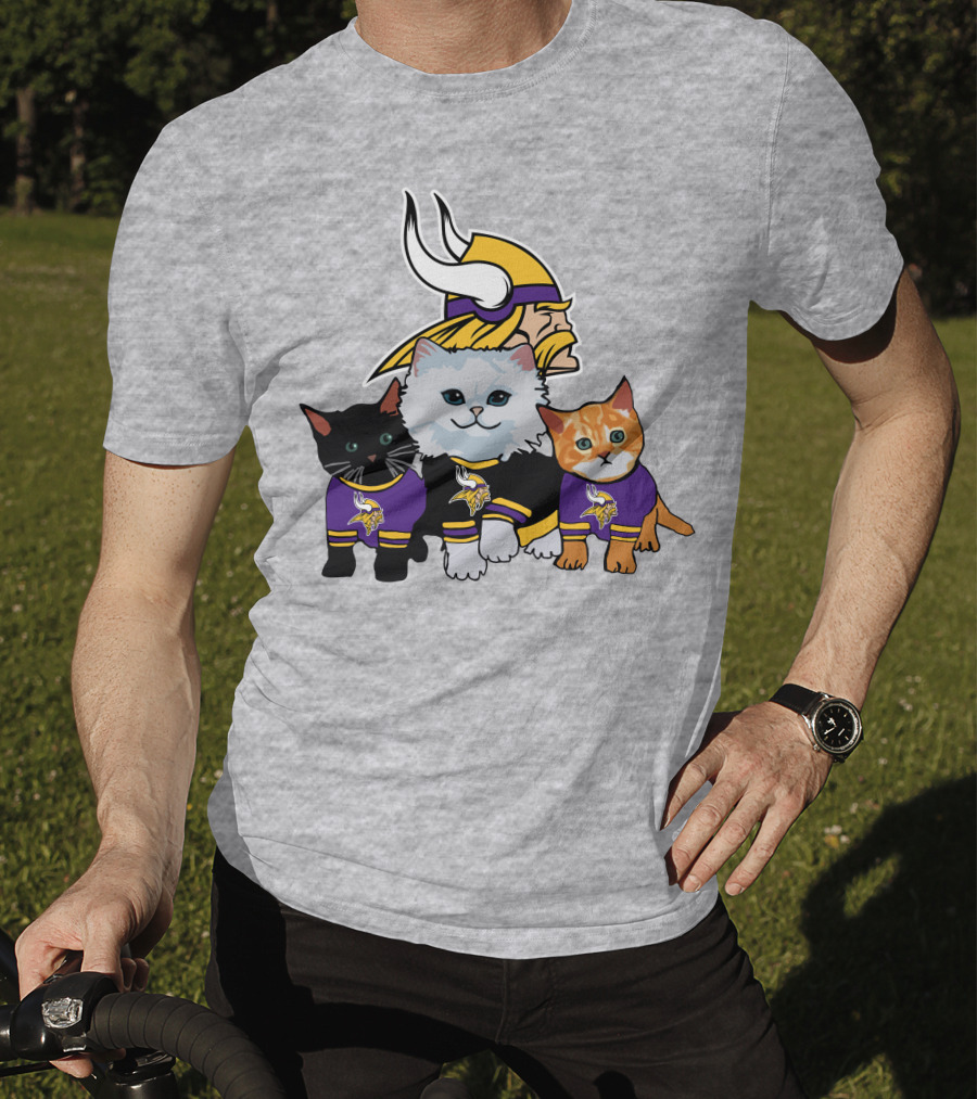 Minnesota Vikings Cats In Purple Jerseys With Viking Helmet T-Shirt