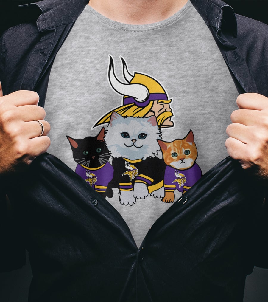 Minnesota Vikings Cats In Purple Jerseys With Viking Helmet T-Shirt