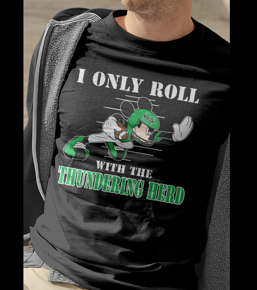 I Only Roll With The Thundering Herd Marshall M Football Player Cartoon T-Shirt