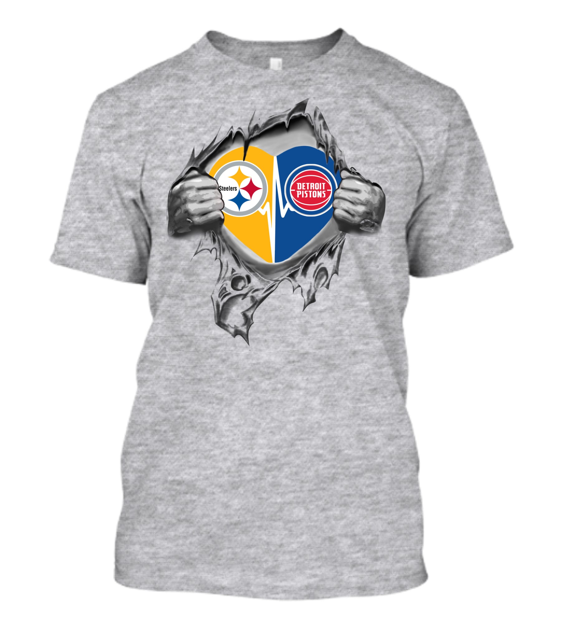 Steelers Detroit Pistons Heart Design Featuring Logos And Ripped Effect T-Shirt
