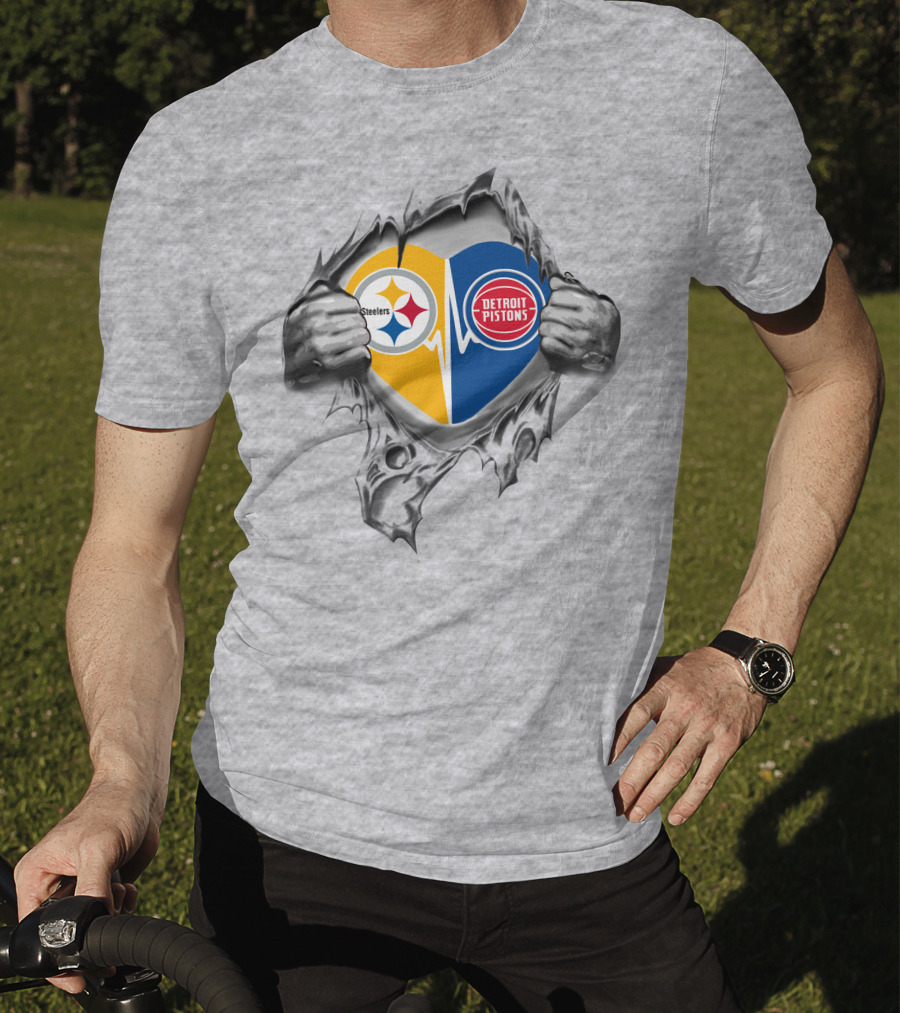 Steelers Detroit Pistons Heart Design Featuring Logos And Ripped Effect T-Shirt