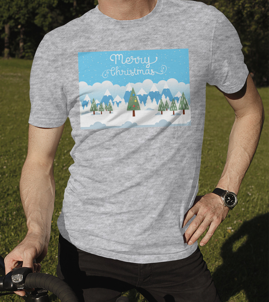 Merry Christmas Snowy Mountain Landscape With Decorated Tree T-Shirt