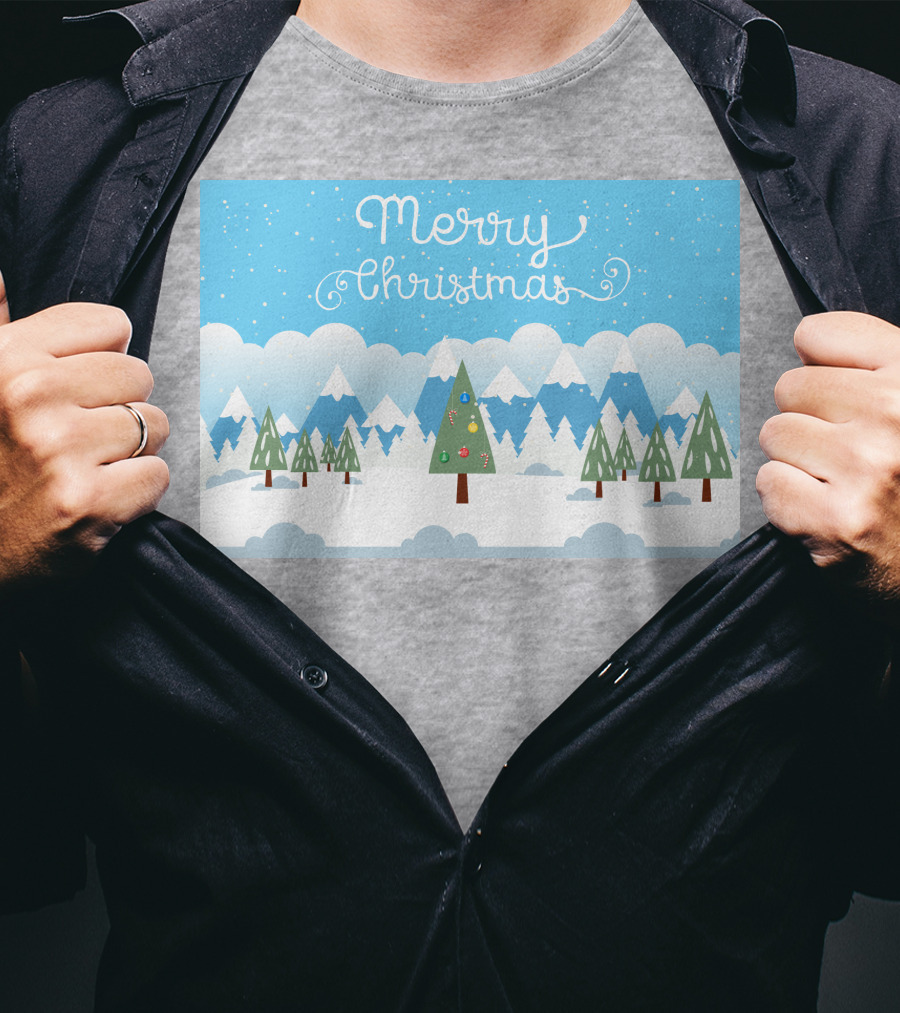 Merry Christmas Snowy Mountain Landscape With Decorated Tree T-Shirt