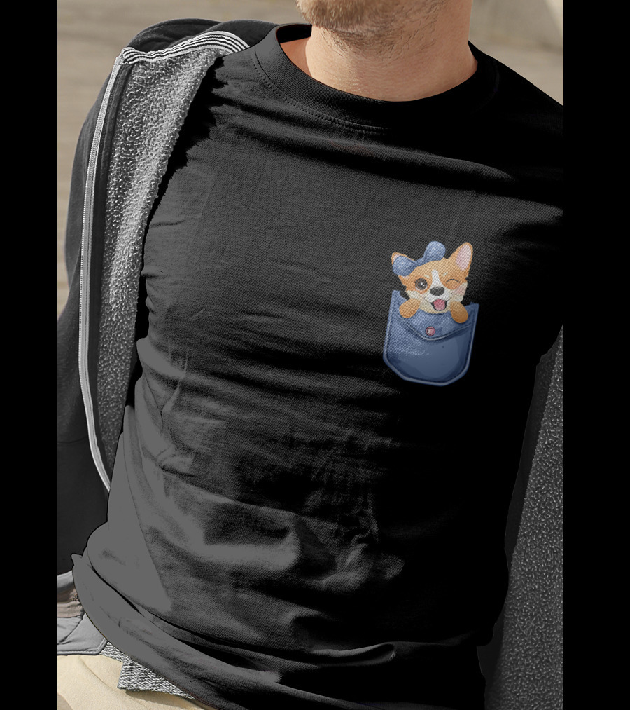 Corgi In Blue Pocket With Winking Bow T-Shirt