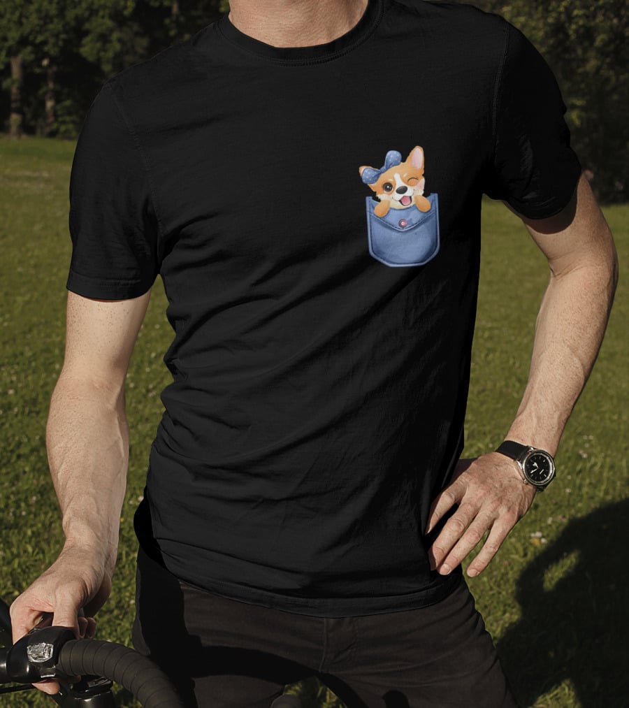 Corgi In Blue Pocket With Winking Bow T-Shirt