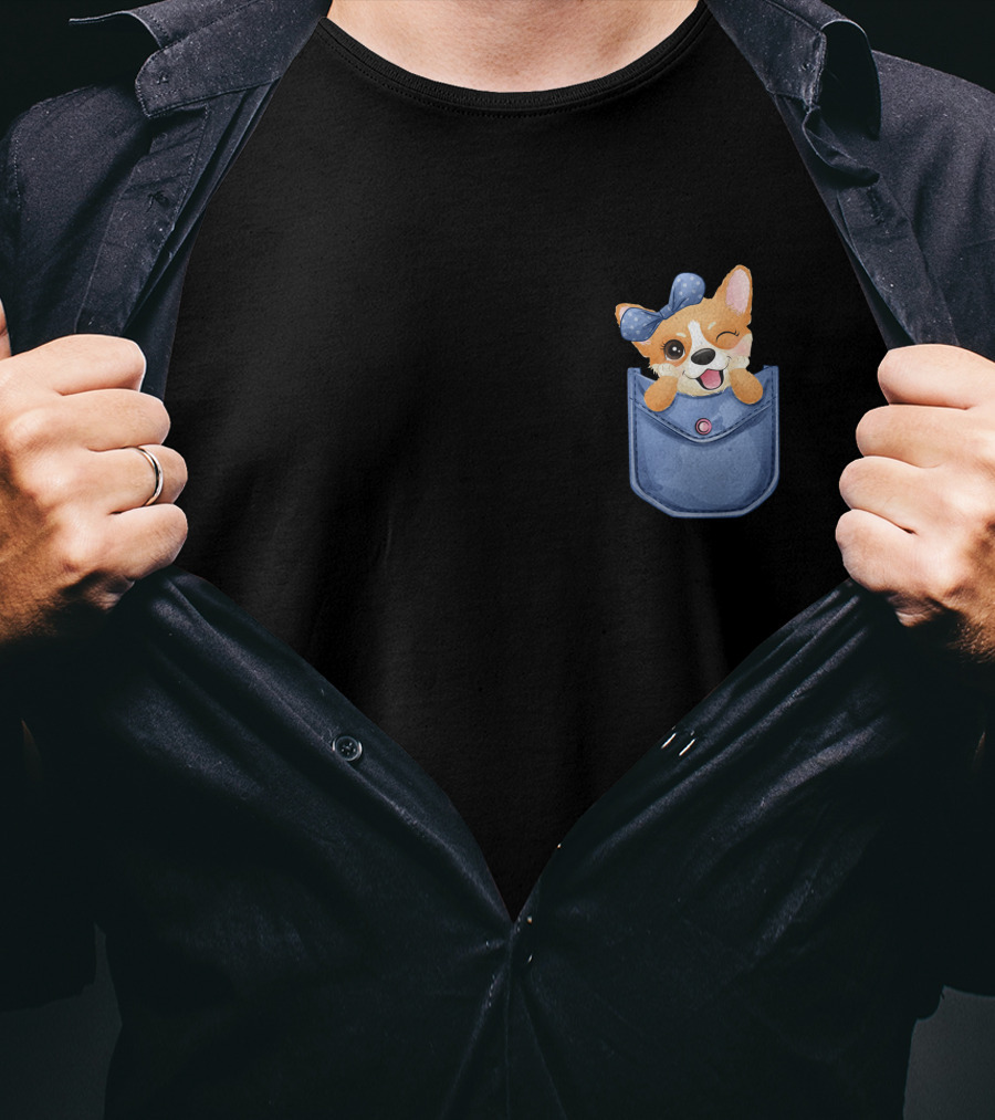 Corgi In Blue Pocket With Winking Bow T-Shirt