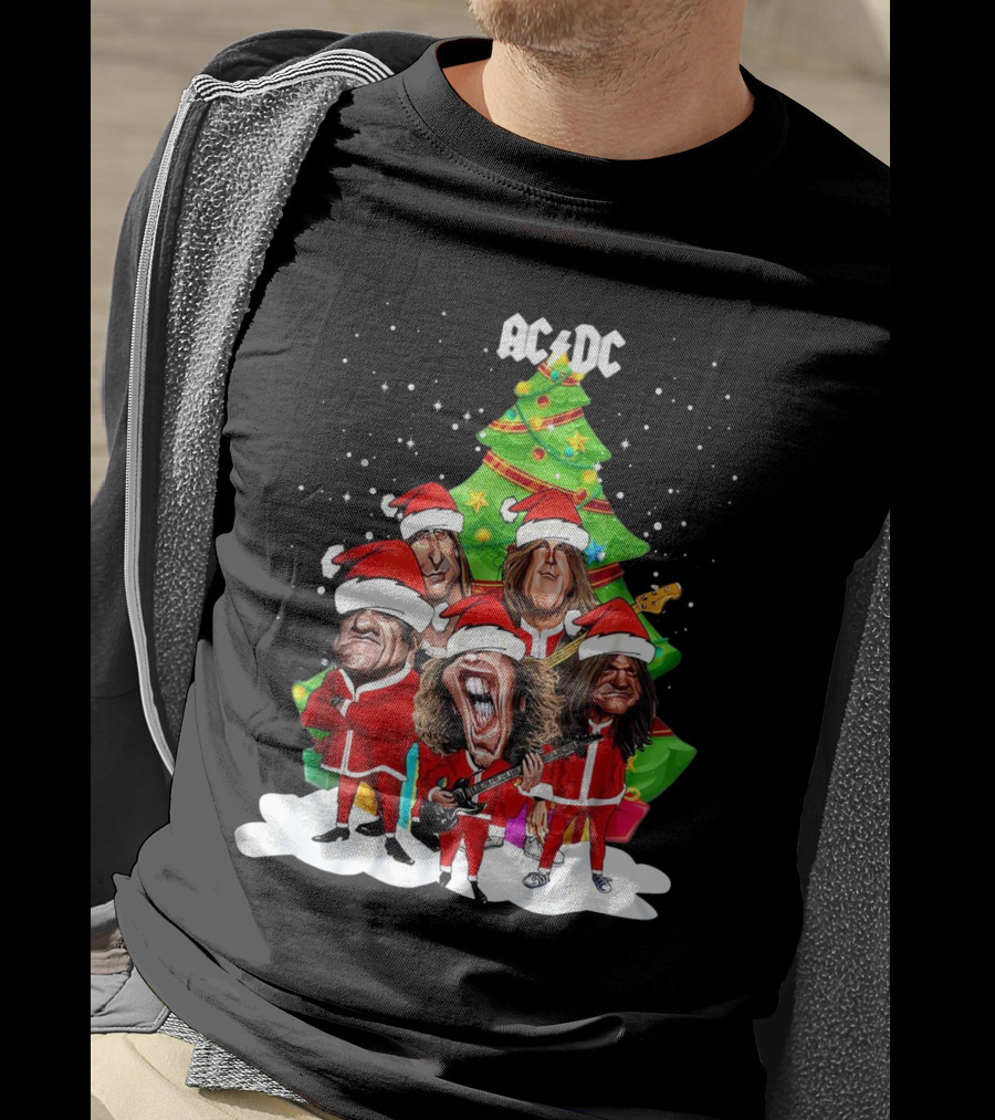 ACDC Christmas Band Santa Hats Cartoon Snow Guitar Christmas Tree T-Shirt