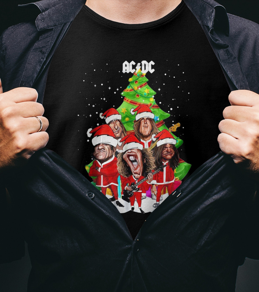 ACDC Christmas Band Santa Hats Cartoon Snow Guitar Christmas Tree T-Shirt