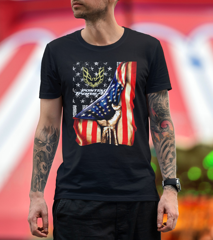 Pontiac Trans Am Eagle with American Flag Background and Stars T-Shirt