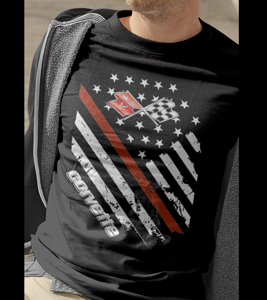 Corvette C3 American Flag Vintage Racing Stripes And Emblems T-Shirt