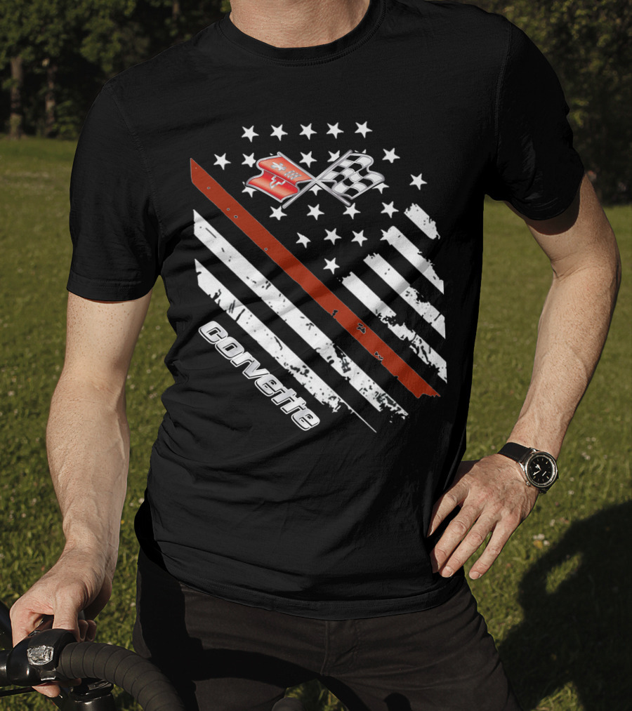 Corvette C3 American Flag Vintage Racing Stripes And Emblems T-Shirt