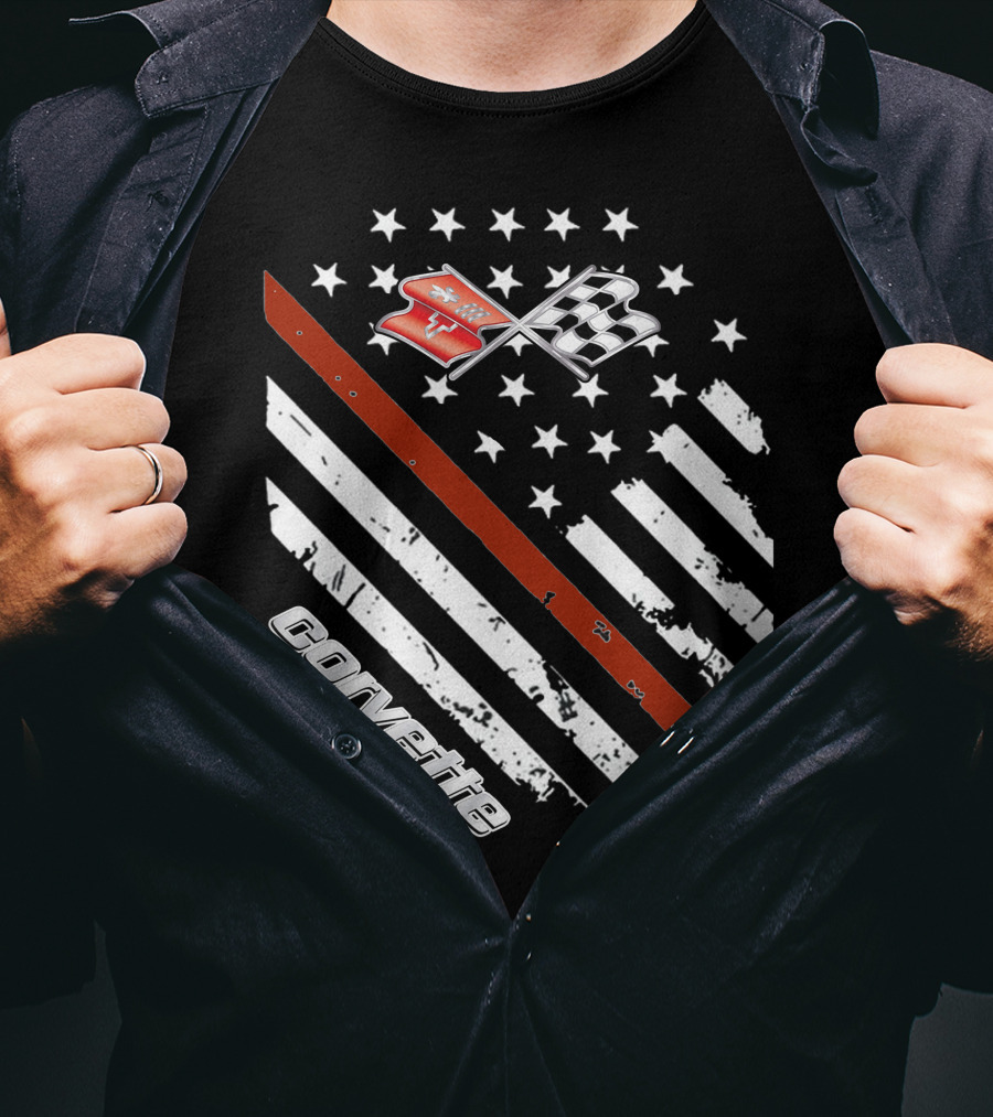 Corvette C3 American Flag Vintage Racing Stripes And Emblems T-Shirt