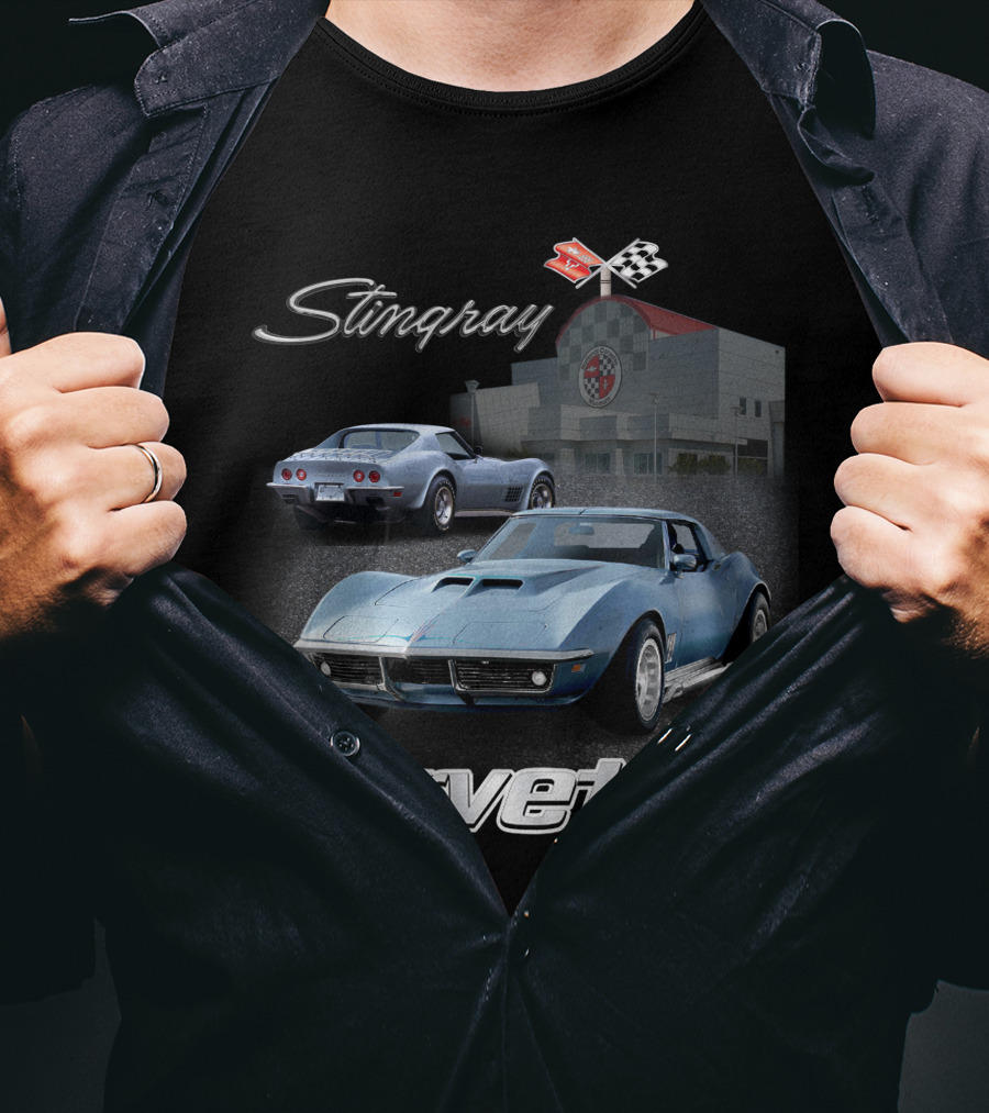 Stingray Corvette Classic C3 At Museum With Racing Flag Emblem T-Shirt