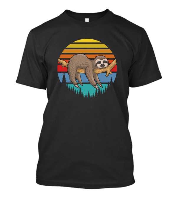 Lazy Sloth On Tree Branch Retro Sunset Stripes With Forest T-Shirt