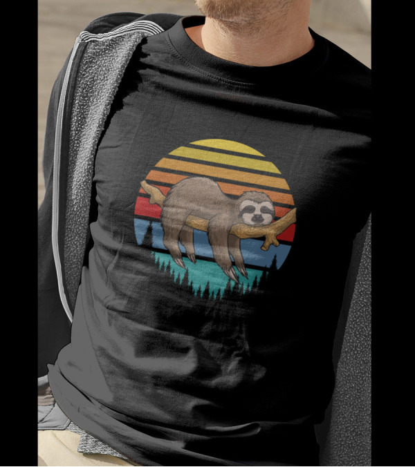 Lazy Sloth On Tree Branch Retro Sunset Stripes With Forest T-Shirt