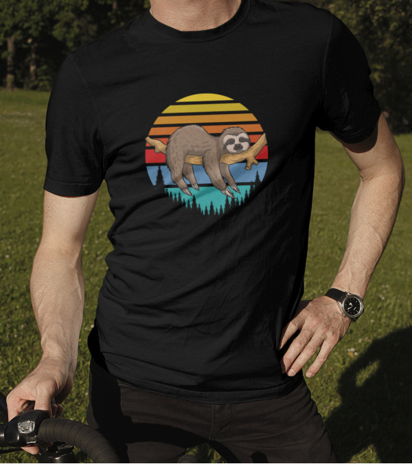 Lazy Sloth On Tree Branch Retro Sunset Stripes With Forest T-Shirt