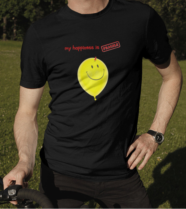 My Happiness Is Fragile Yellow Smiley Balloon With Red Pin T-Shirt