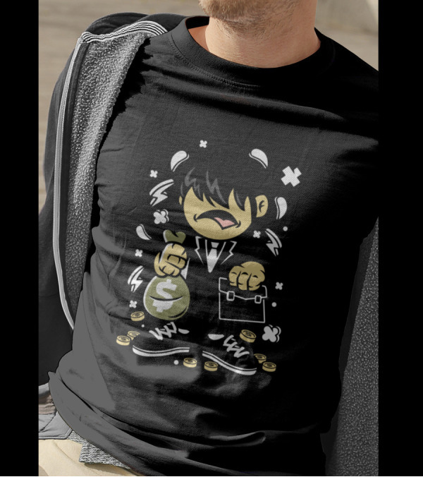 Business Kid With Money Bag And Briefcase For Animated Characters Comics T-Shirt
