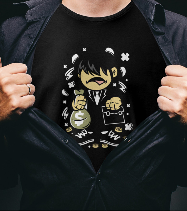 Business Kid With Money Bag And Briefcase For Animated Characters Comics T-Shirt