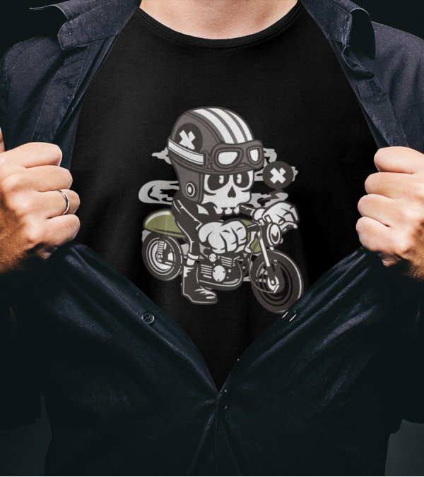 Caferacer Skull Riding Cartoon Motorcycle With Helmet And Crossbones T-Shirt
