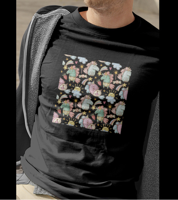 Funny Unicorn Doodle Seamless Stars Clouds Rainbows T-Shirt