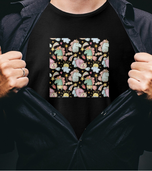 Funny Unicorn Doodle Seamless Stars Clouds Rainbows T-Shirt
