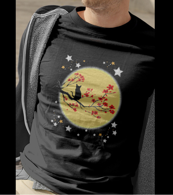 Cats Cat On Tree On Moon With Stars And Flowers T-Shirt