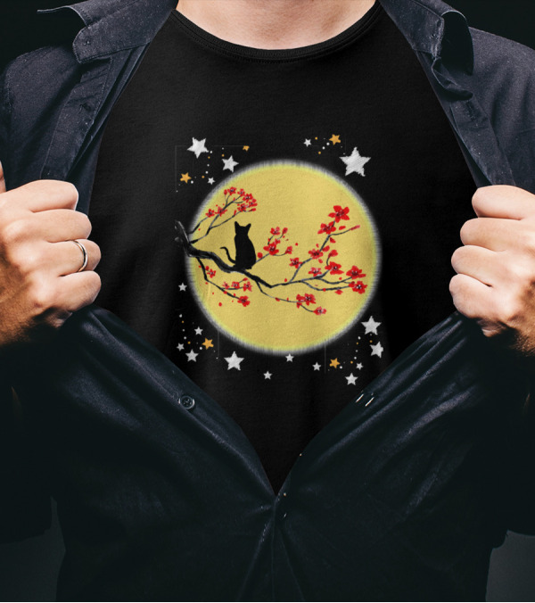 Cats Cat On Tree On Moon With Stars And Flowers T-Shirt