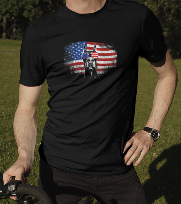Doberman Wearing American Flag Sunglasses Funny 4th Of July Dog Dad T-Shirt
