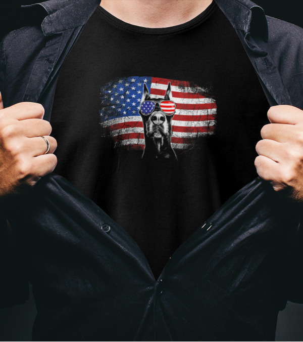 Doberman Wearing American Flag Sunglasses Funny 4th Of July Dog Dad T-Shirt