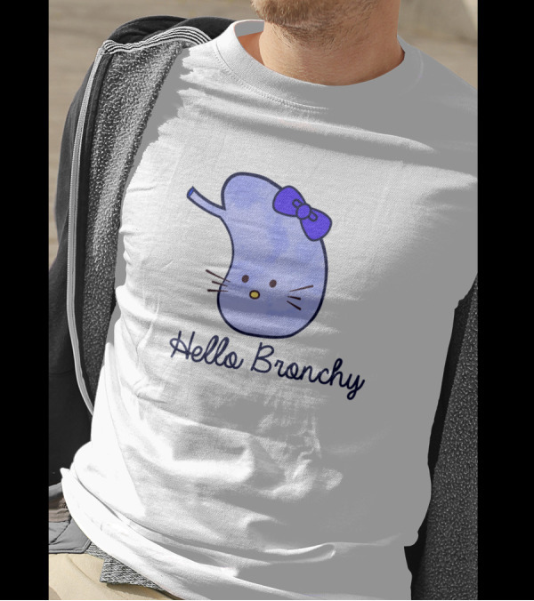 Hello Bronchy Funny Lungs Appreciation Kitten Bow Face T-Shirt
