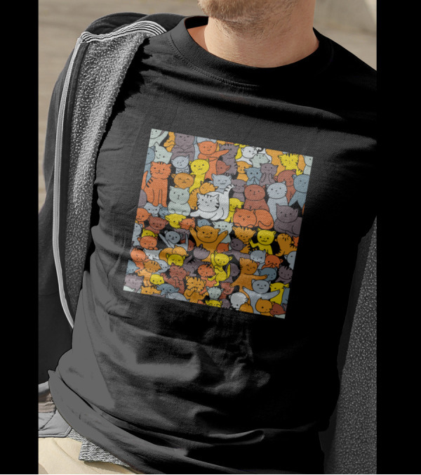 Colorful Cute Cat Seamless Pattern Multicolored Cartoon Cats T-Shirt
