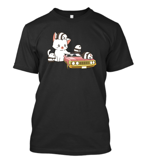 Kawaii Giant Cat And Small Pandas With Pink Car Playful Adventure T-Shirt